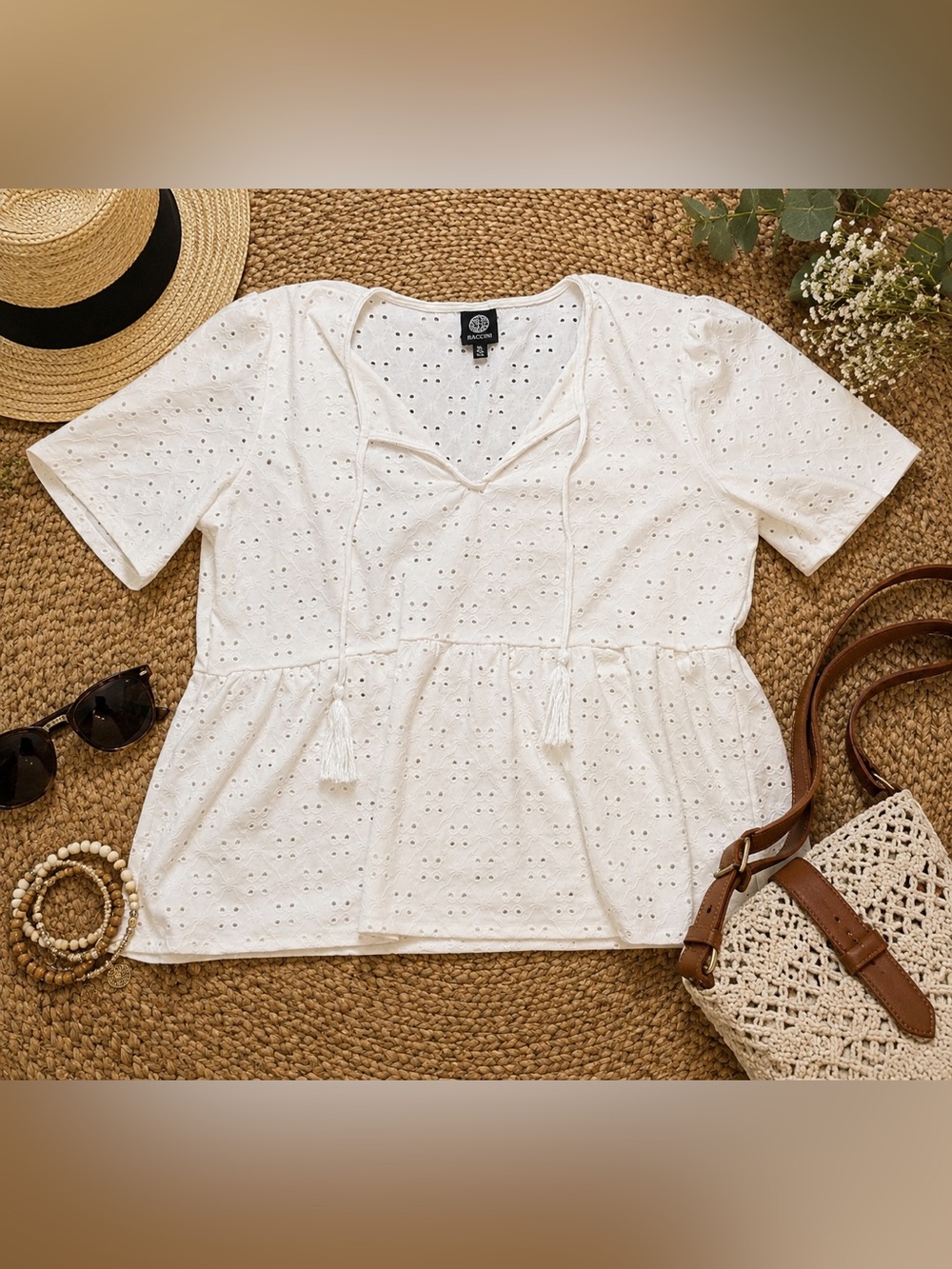 Bobeau Eyelet Peplum Blouse XL Ivory Boho Cottagecore Tassel Tie Top